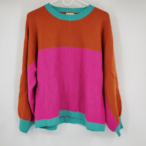 BiBi Sweaters - BIBI Colorblock Sweater Orange Pink Teal Crew Neck Long Sleeve Knit Top Size S